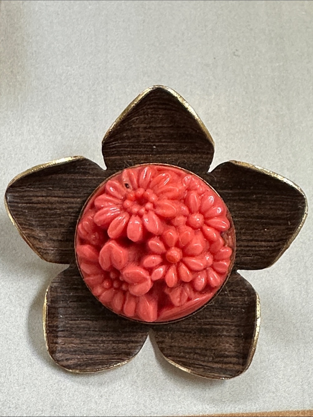 Vintage Floral Carved Coral-Red Flower Brooch
